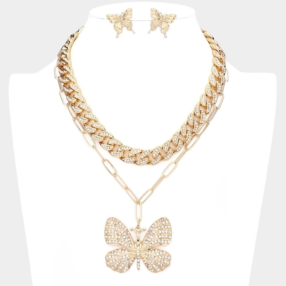 NEW Duble Rhinestone Gold Chain Butterfly Necklace Set